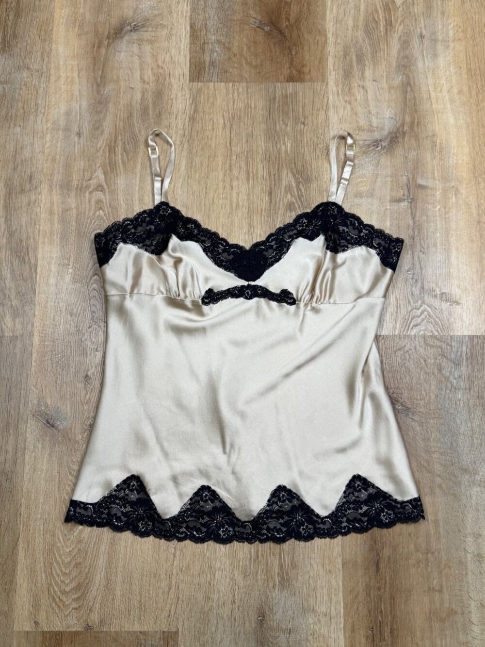 Vintage Y2K Express Design Studio Beige Silk Camisole  Black Lace Trim  Size L W